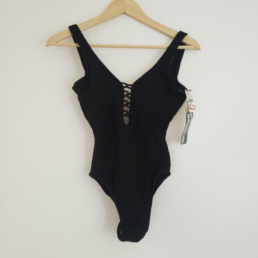 Mainstream Vintage Black Lace Up Neck One Piece